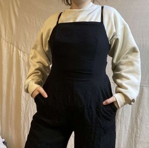 Cotton-blend Black Sweatpant Wide Leg Overalls